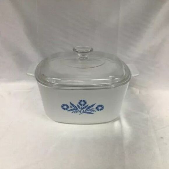 Corning Ware Blue Cornflower Casserole Dish Glass Lid White Floral Design